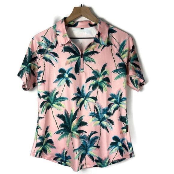 soneven Tops - Women's Cute Pink Tropical Print Polo Golf Shirt Size Medium Vacation Activewear